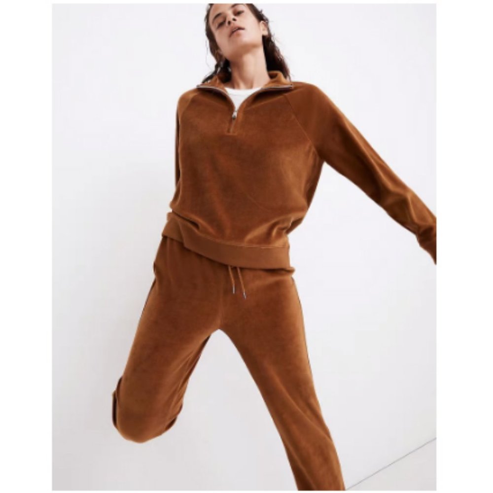 Madewell NEW Velour Half Zip Sweatshirt in Dried Cedar Size Large